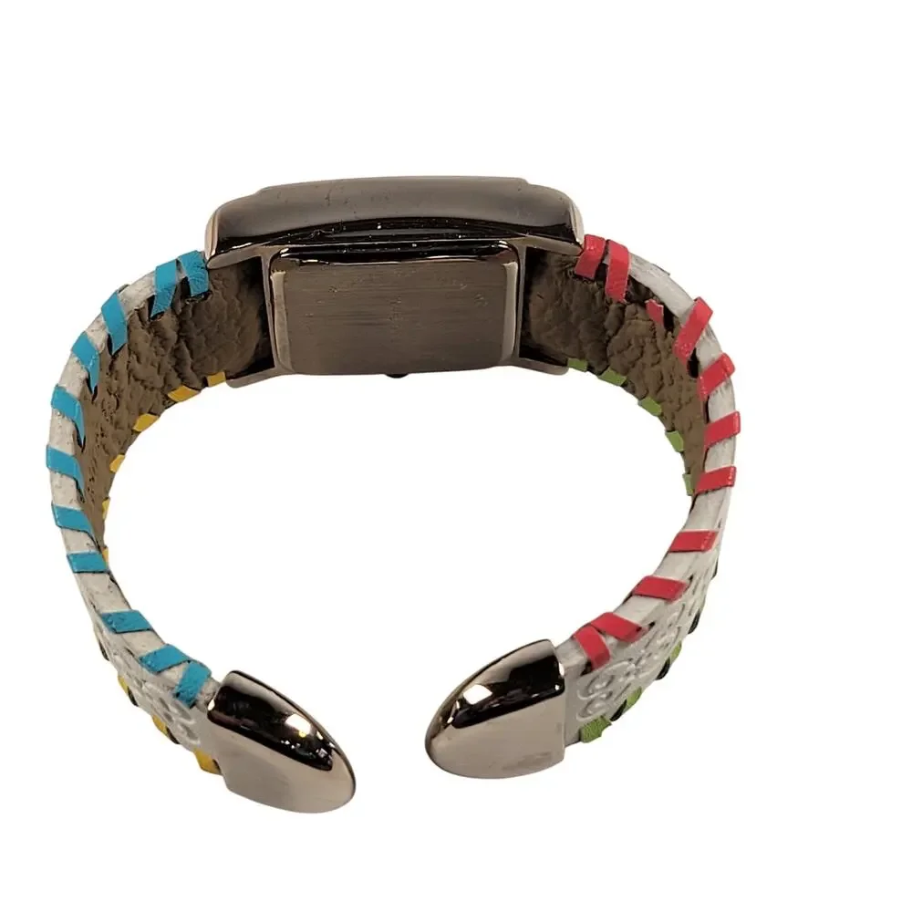 Silver Quartz Watch with Embossed Cuff White Leather Strap and Multicolor Design